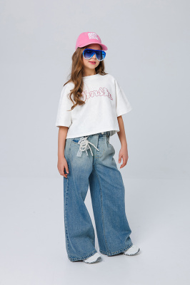 26817 Брюки, джинс, лето, 128-146, для девочки, "MIX"  (Синий, 128)