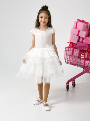 934 Платье, ткань, праздник, 116-134, для девочки, кор рукав, "Mixie"  (Экрю, 116)