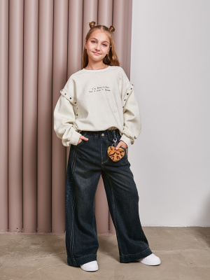 25887 Брюки "палаццо", джинс, 130-170, для девочки, "MIX"  (Синий, 130)