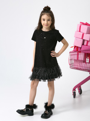 10041 Платье, трикотаж, 98-128, для девочки, кор рукав "Deloras"  (Черный, 104)