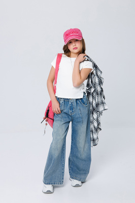 26109 Брюки, джинс, лето, 140-160, для девочки, "MIX"  (Синий, 140)