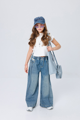 26803 Брюки, джинс, лето, 128-146, для девочки, "MIX"  (Синий, 128)