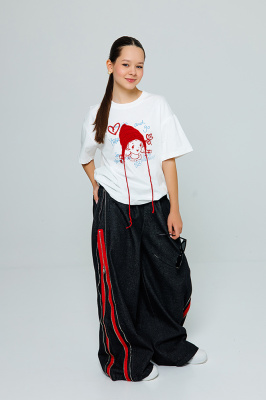 K195 Брюки, джинс, лето, 110-160, для девочки, "MIX"  (Красный, 110)