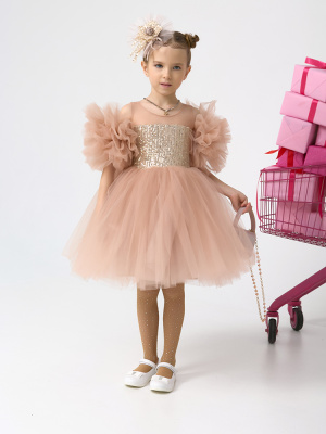 1616 Платье, ткань, праздник, 98-122, для девочки, кор рукав, "Zeya moda kids"  (Бежевый, 104)