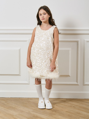 Q62 Платье с пайетками НГ, трикотаж, 120-170, для девочки, дл рукав, "MIX"  (Бежевый, 120)