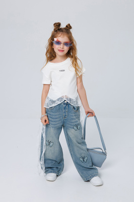 C2609 Брюки, джинс, лето, 108-128, для девочки, "MIX"  (Синий, 114)