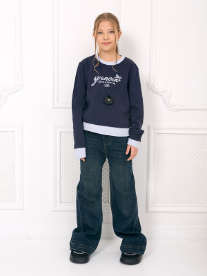 S8252336 Джемпер, трикотаж, 140-170, для девочки, дл рукав, "MIX"  (Темно-синий, 140)