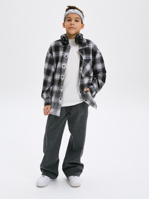 55585 Рубашка, трикотаж, 134-164, для мальчика, длинный рукав, "Deloras"  (Черно-белый, 134)