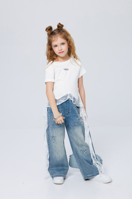 F2603 Брюки, джинс, лето, 100-120, для девочки, "MIX"  (Синий, 100)